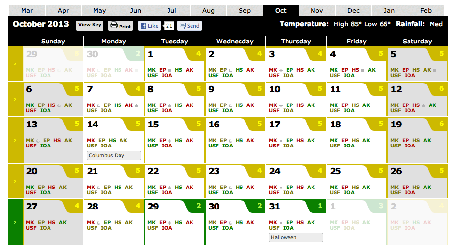 Disney Crowd Calendar Updated with Park Hours -- October 2013 Disney Crowd Calendar Updated with Park Hours -- October 2013