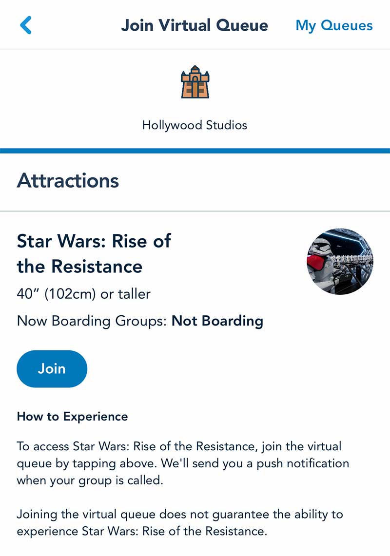 Rise of the Resistance Virtual Queue - Join a Boarding Group Screenshot