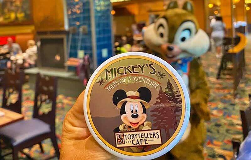 Disneyland Character Dining: Mickey's Tales of Adventure at Storytellers Café - Breakfast Button with Chip in background