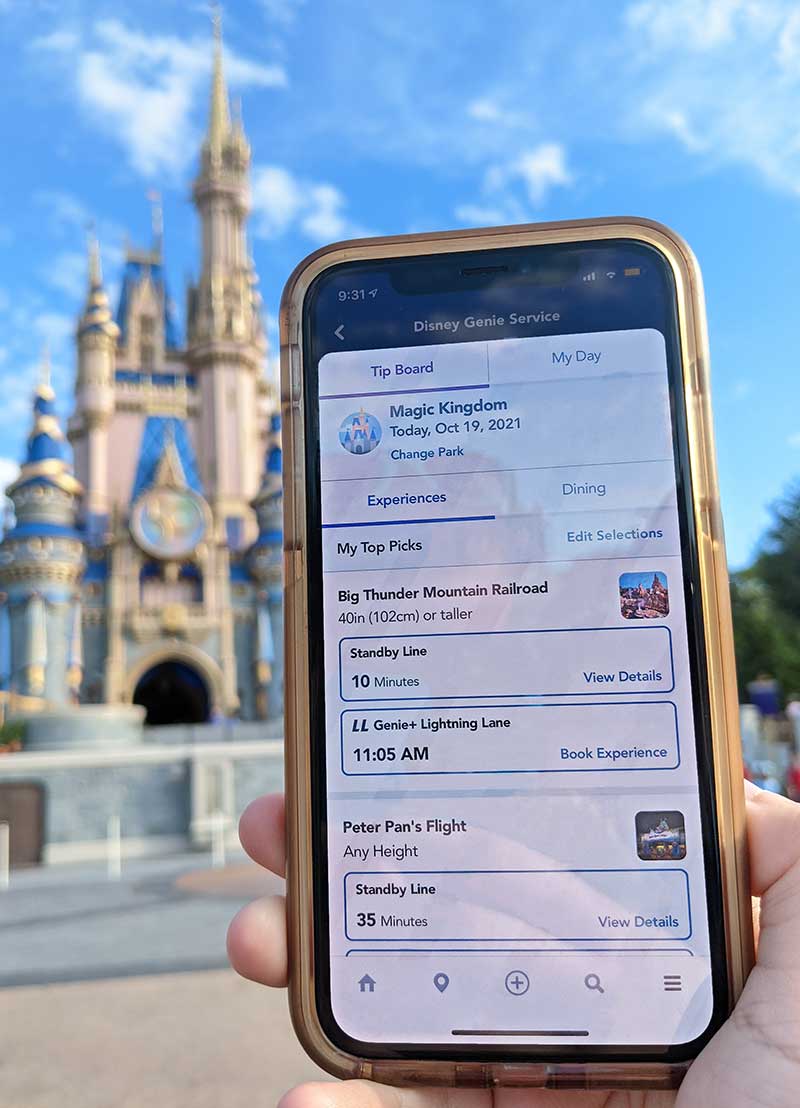 Genie FAQ — Tip Board on Phone in front of Cinderella Castle