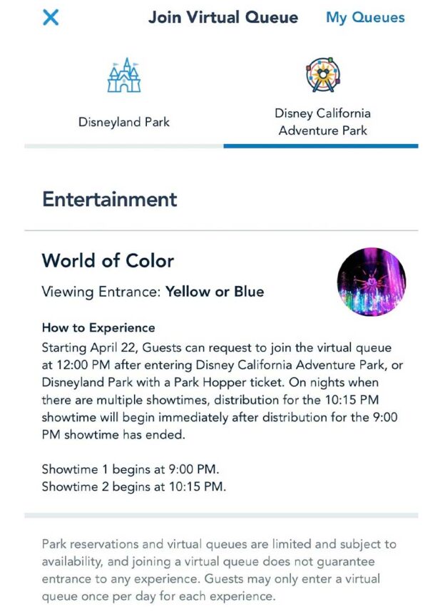 Disneyland Virtual Queue for Rogers The Musical and World of Color