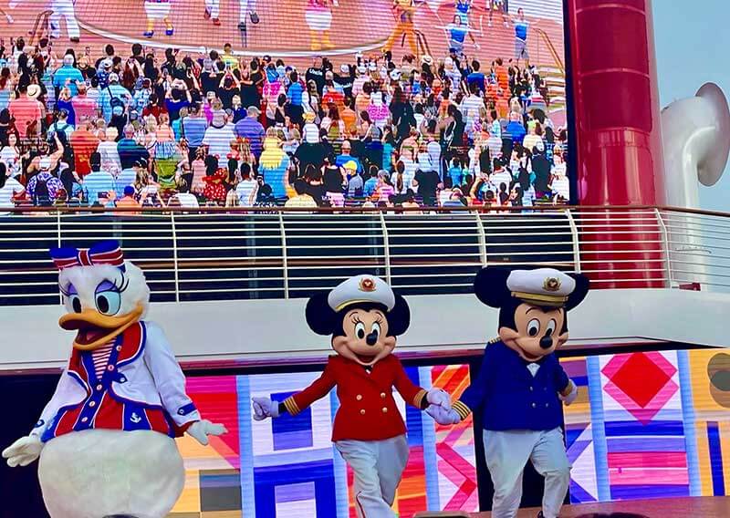 disney cruise ports - Daisy, Minnie and Mickey on stage during the Sailing on a Wish Party