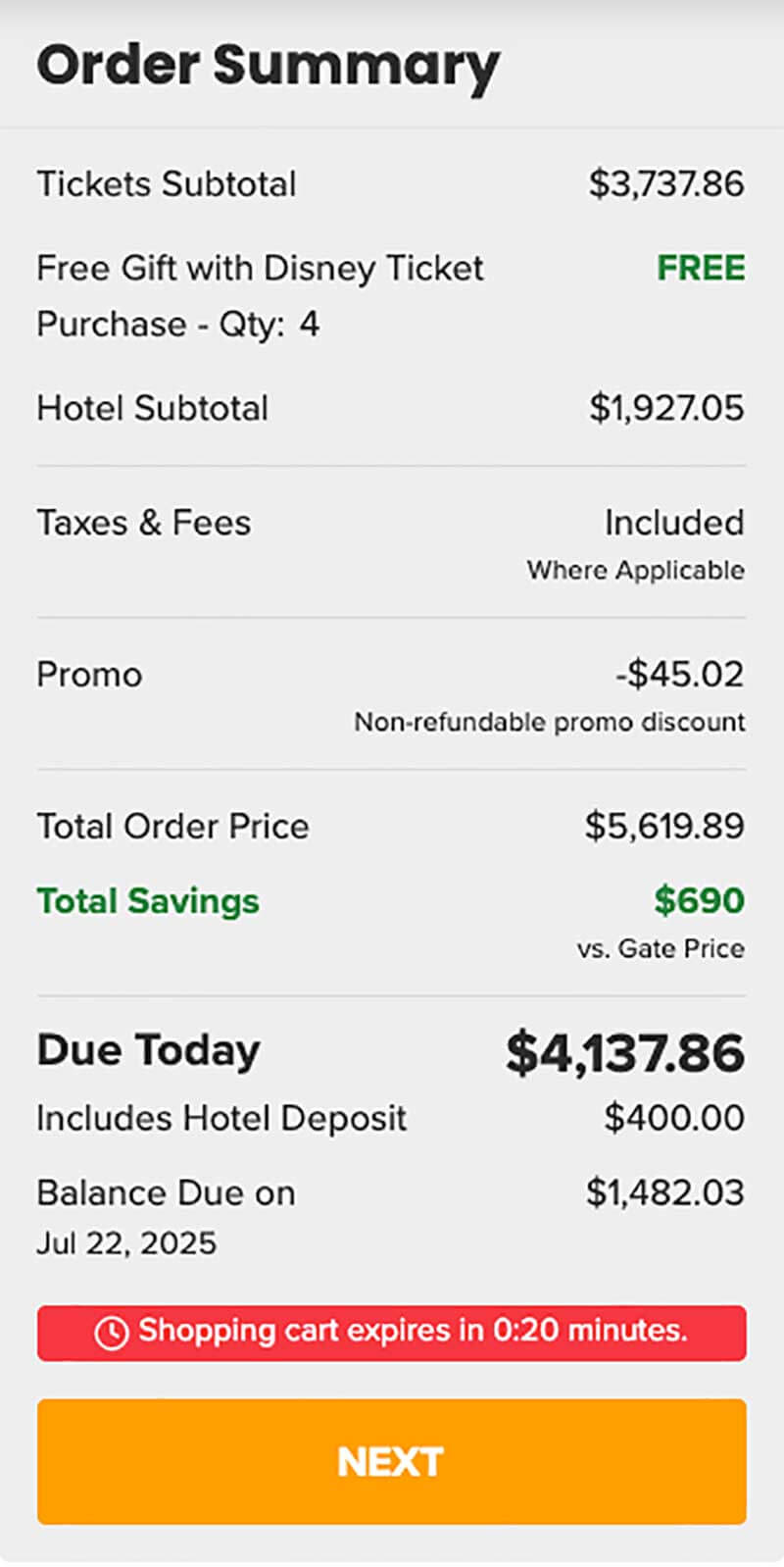 Planning a Disney World and Universal Trip - Cart Total