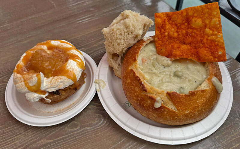 Your Guide to Ghoulishly Good Disneyland Halloween Time Food - Chicken Pot Pie soup and Caramel Apple bread pudding