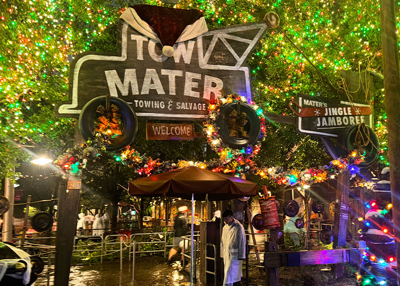 Hoppin' Good Guide to Disney Festival of Holidays Mater's Jingle Jamboree at night