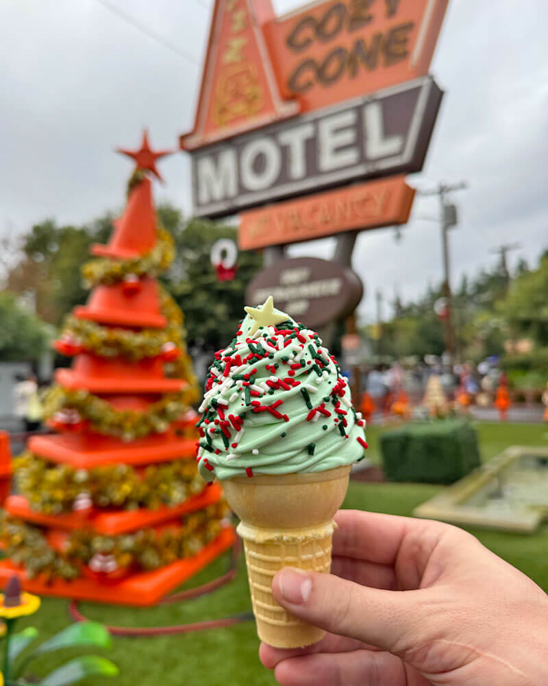 All the Disney California Adventure Holiday Food and Beverages - Mint ice cream cone at Cozy Cone