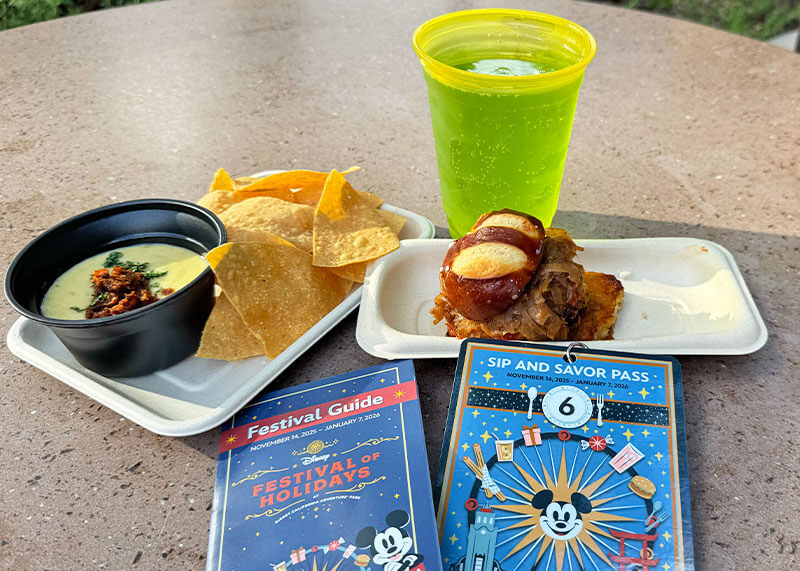All the Disney California Adventure Holiday Food and Beverages - Slider, mint beer and queso fundido