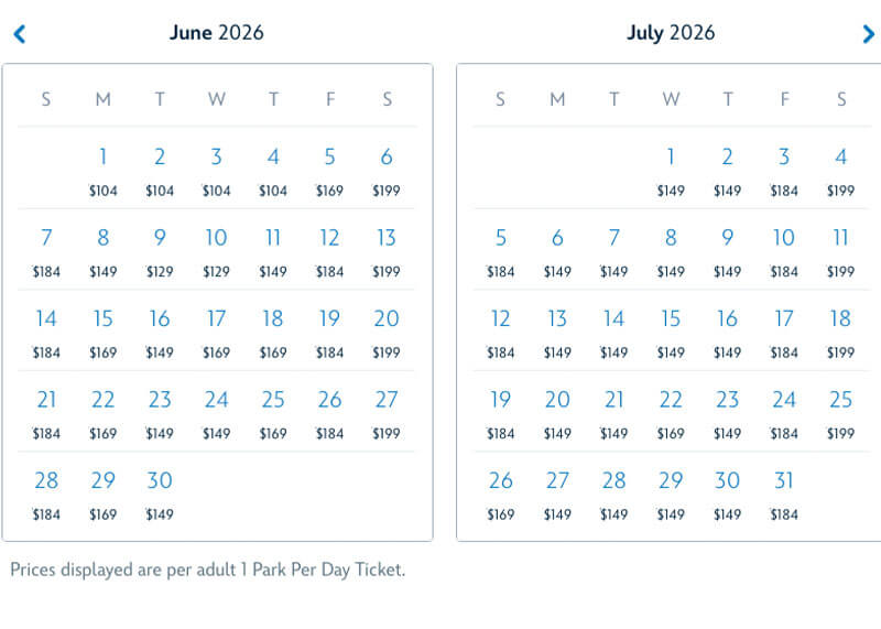 Your Guide to Disneyland's Theme Park Reservation System - Screenshot summer 2026 ticket prices per day