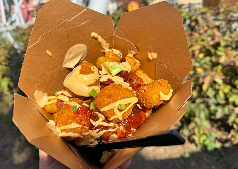 Everything to Know About PEANUTS Celebration at Knott's Berry Farm - Mac and cheese bites over tots