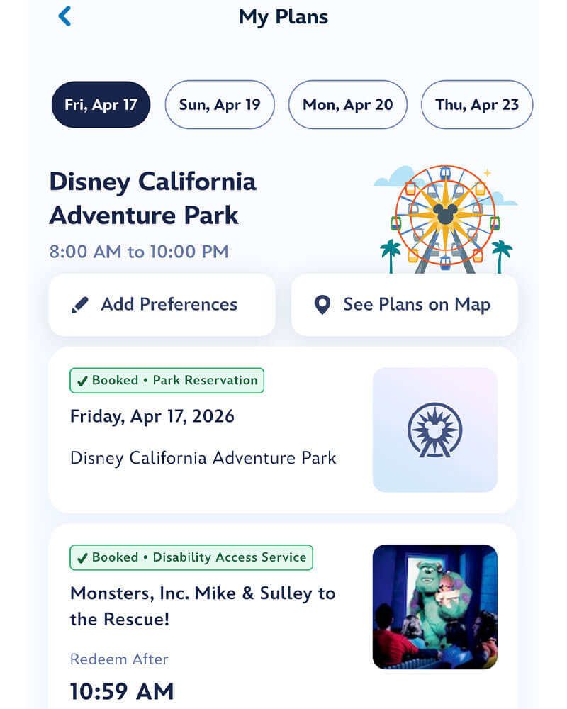 Overview of Disneyland Disability Access Service (DAS) - New My Plans screenshot of app