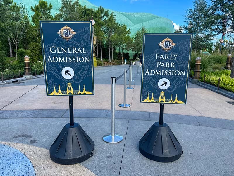 Early Park Admission and General Admission Signs at Universal Epic Universe