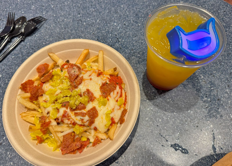 Pizza Fries and drink at Pride Nite Disneyland