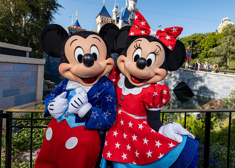 Mickey and Minnie in Fourth of July outfits at Disneyland